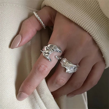 Riolio INS Minimalist Silver Color Irregular Wrinkled Surface Finger Rings Creative Geometric Punk Opening Ring for Women Girls Jewelry